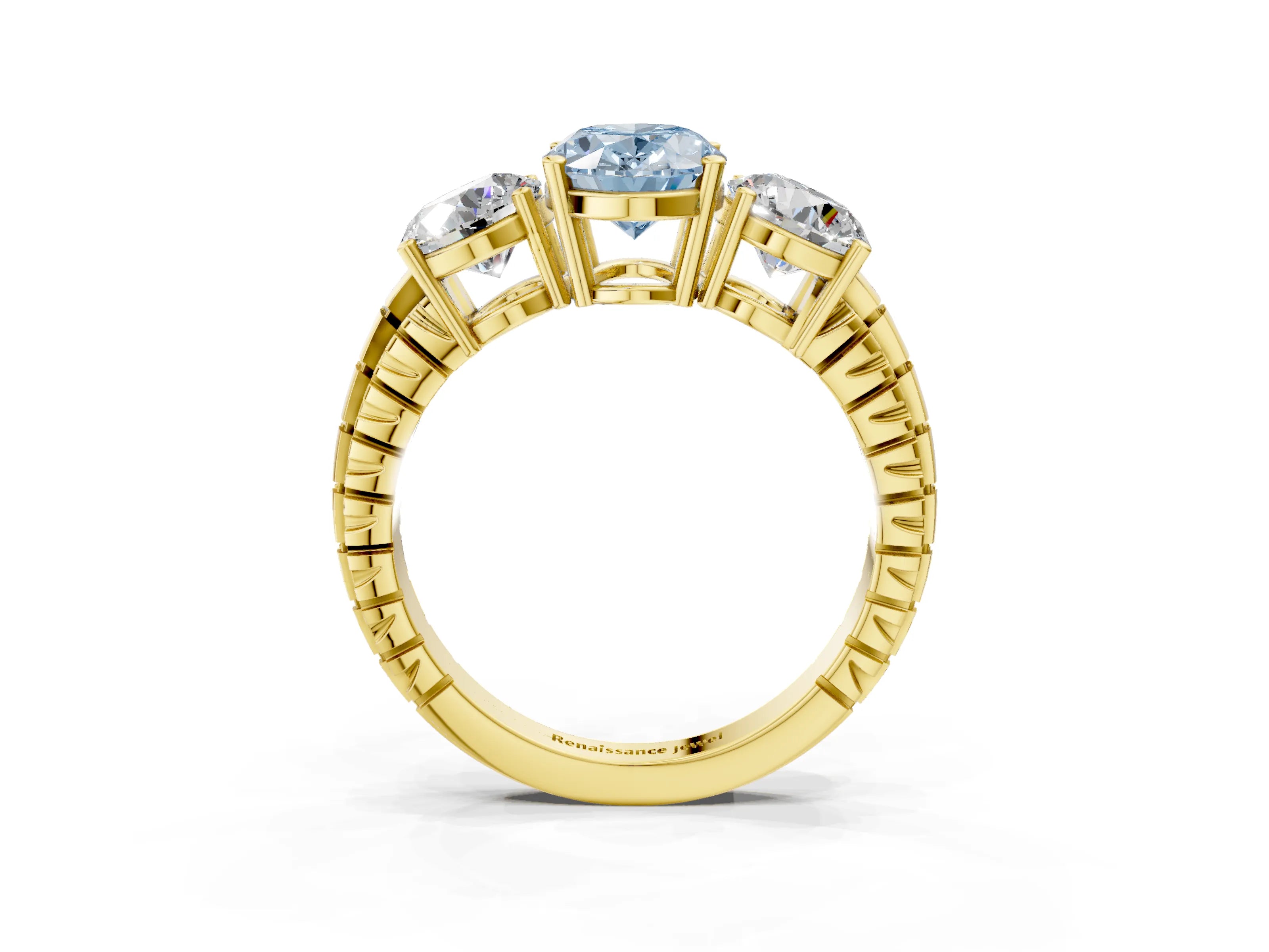 Yellow gold Three-Stone Fancy Blue Oval Cut Cut Diamond Ring with Channel-Set Band and Prong Setting_3