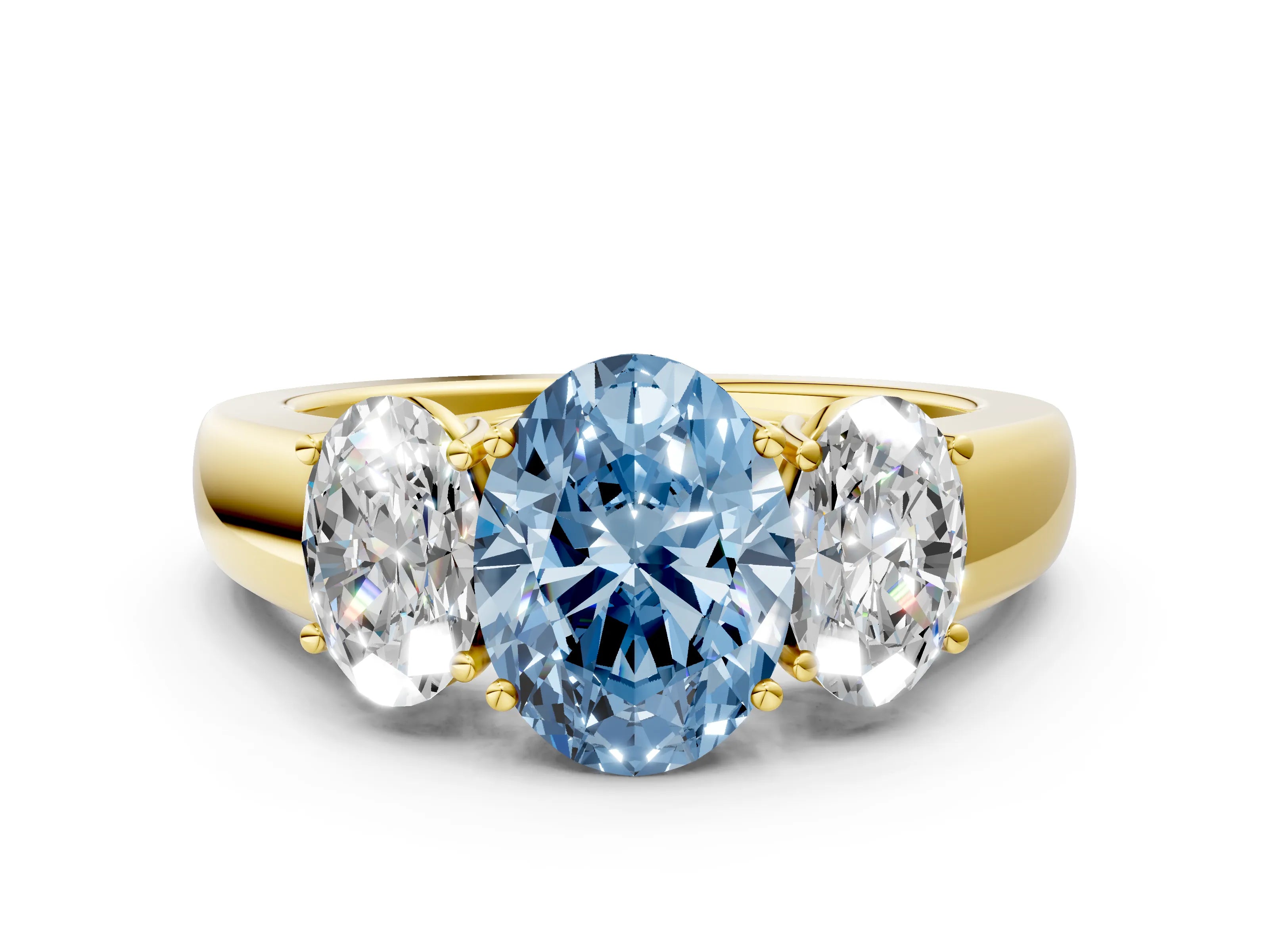 Yellow gold Three-Stone Fancy Blue Oval Cut Cut Diamond Ring with Prong Setting and Classic Band