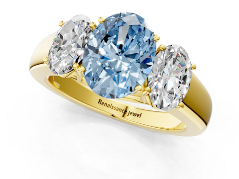 Yellow gold Three-Stone Fancy Blue Oval Cut Cut Diamond Ring with Prong Setting and Classic Band_1