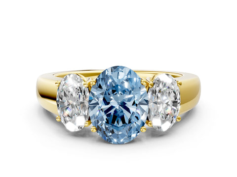 Yellow gold Three-Stone Fancy Blue Oval Cut Cut Diamond Ring with Prong Setting and Classic Band