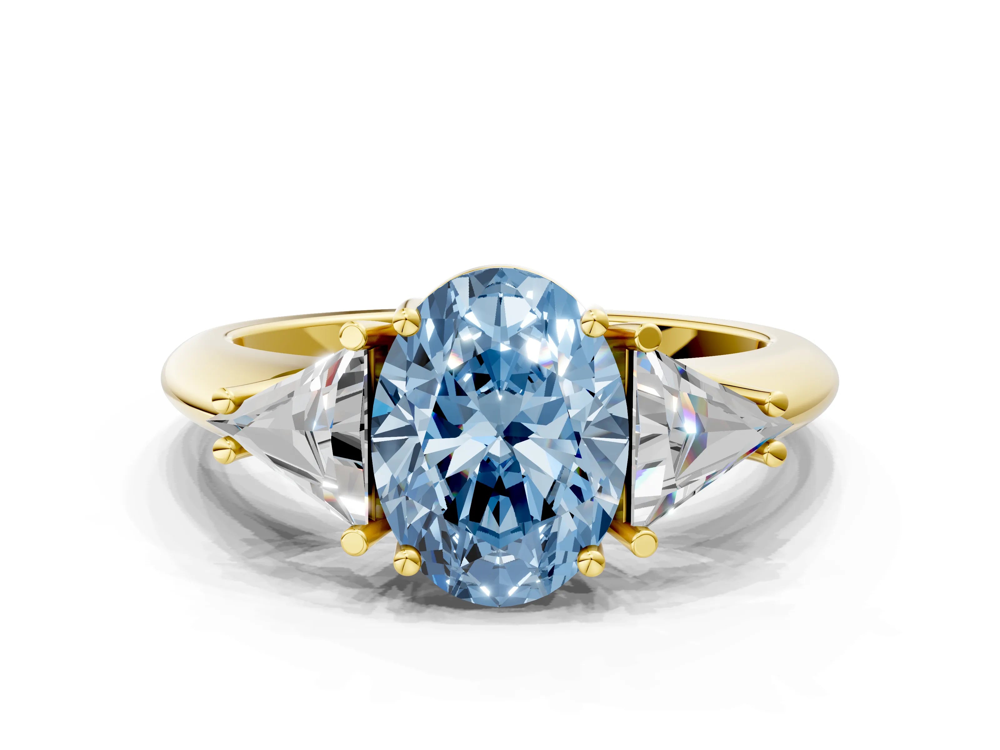 Yellow gold Three-Stone Fancy Blue Oval Cut Cut Diamond Ring with Trillion Side Stones and Four-Prong Setting_3