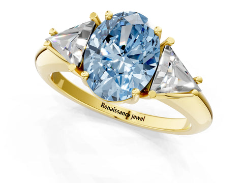 Yellow gold Three-Stone Fancy Blue Oval Cut Cut Diamond Ring with Trillion Side Stones and Four-Prong Setting_4