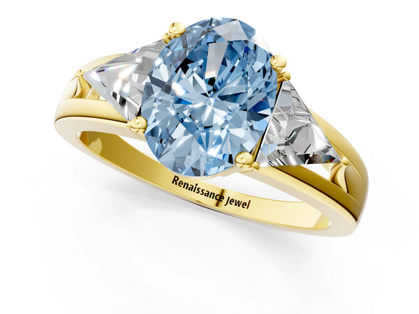 Yellow Gold Oval Trillion Three Stone Engagement Ring Setting for Fancy Blue Center