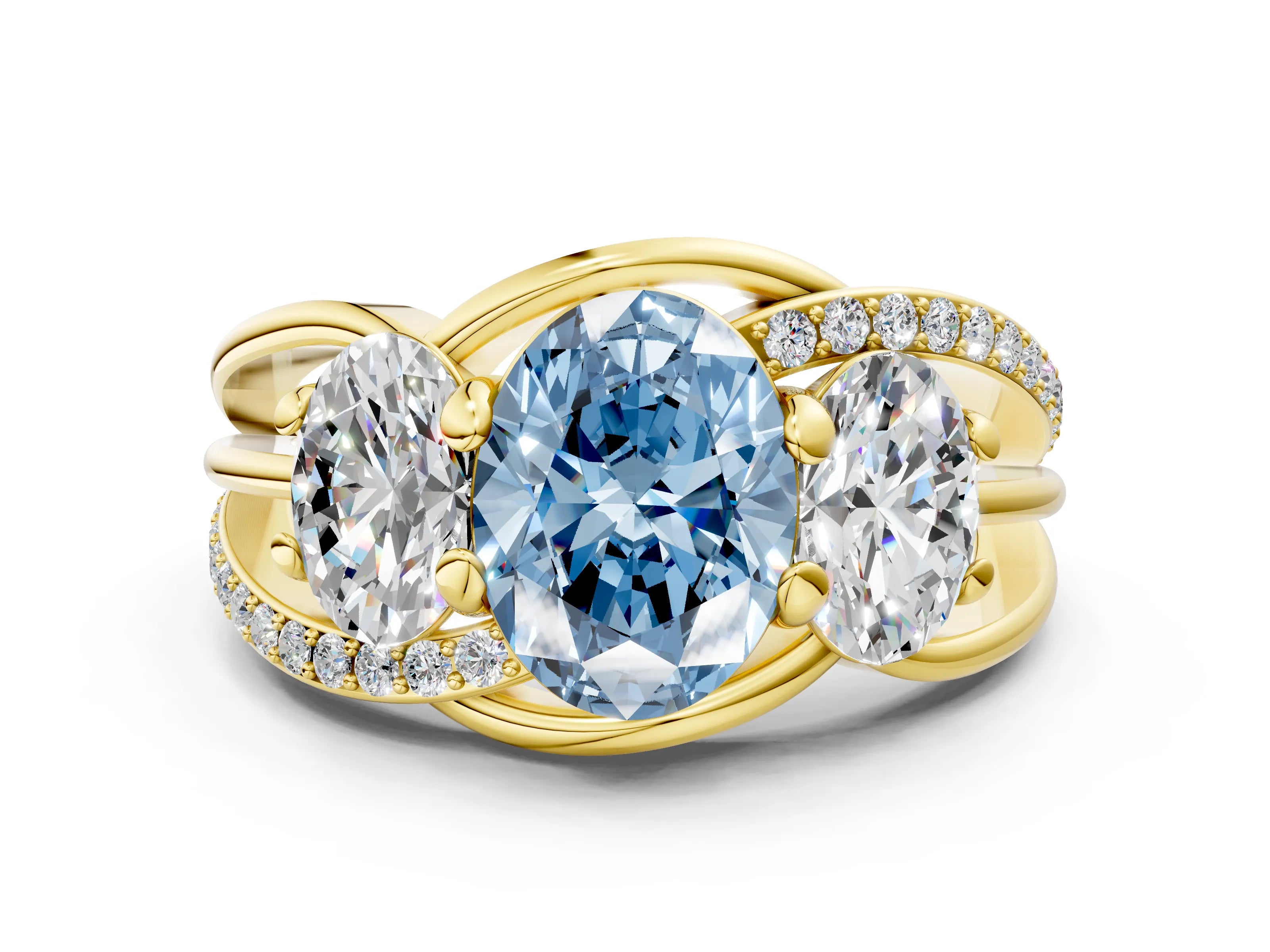 Yellow gold Three-Stone Fancy Blue Oval Cut Cut Diamond Split Shank Prong Set Ring