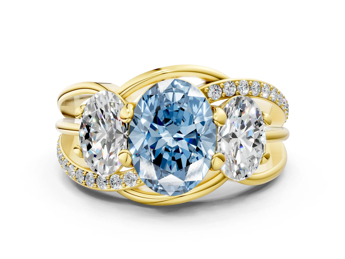 Yellow gold Three-Stone Fancy Blue Oval Cut Cut Diamond Split Shank Prong Set Ring