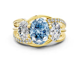 Yellow gold Three-Stone Fancy Blue Oval Cut Cut Diamond Split Shank Prong Set Ring
