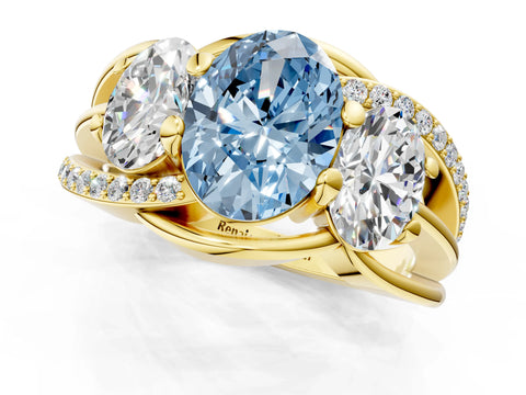 Yellow gold Three-Stone Fancy Blue Oval Cut Cut Diamond Split Shank Prong Set Ring_1
