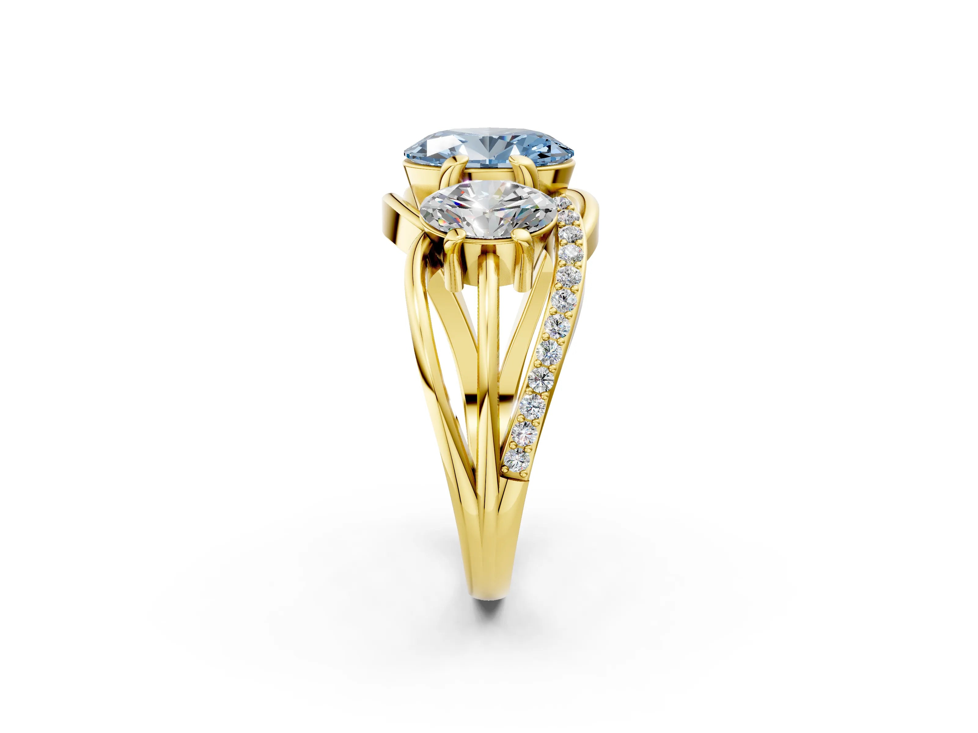 Yellow gold Three-Stone Fancy Blue Oval Cut Cut Diamond Split Shank Prong Set Ring_2