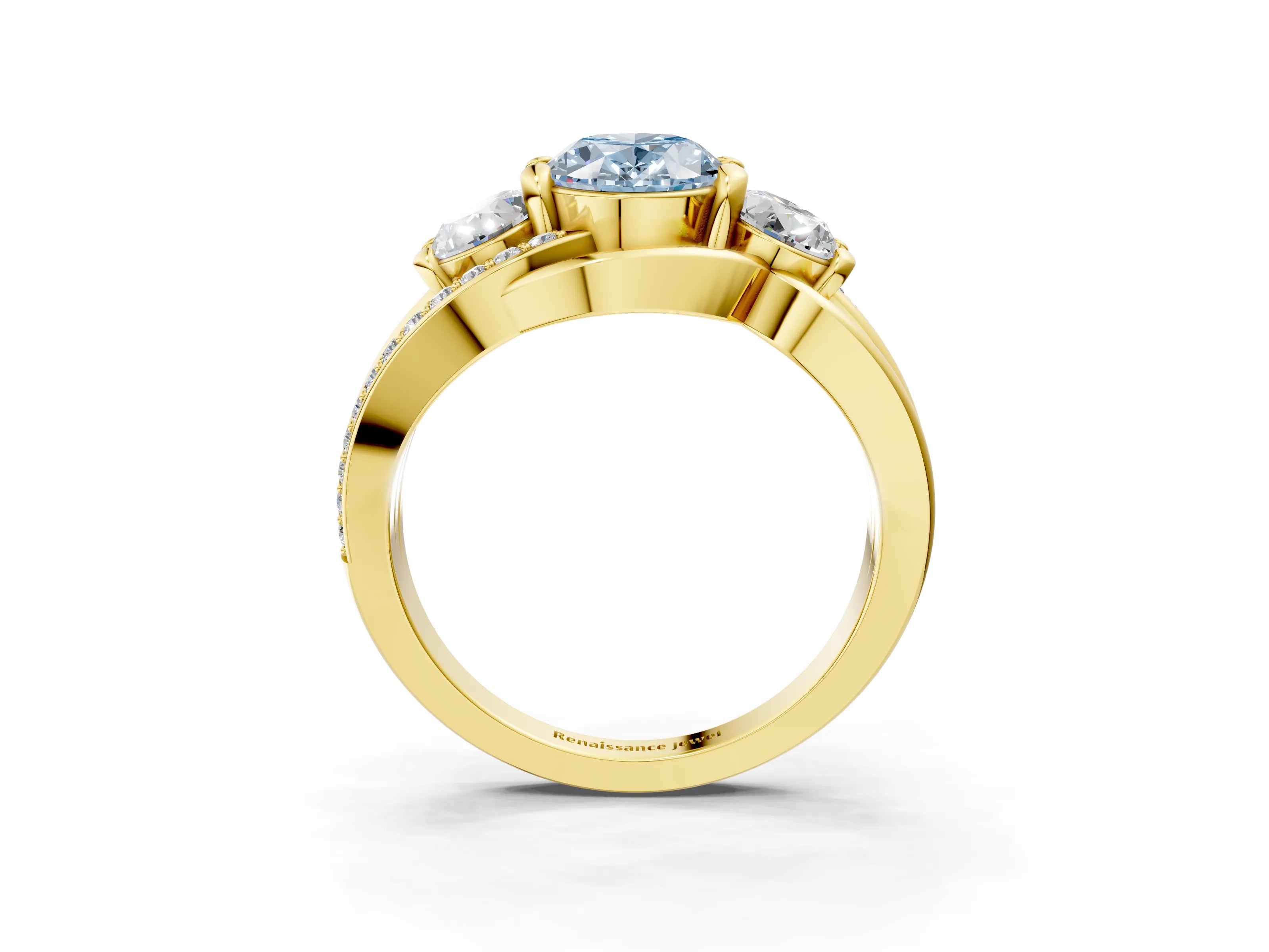 Yellow gold Three-Stone Fancy Blue Oval Cut Cut Diamond Split Shank Prong Set Ring_3