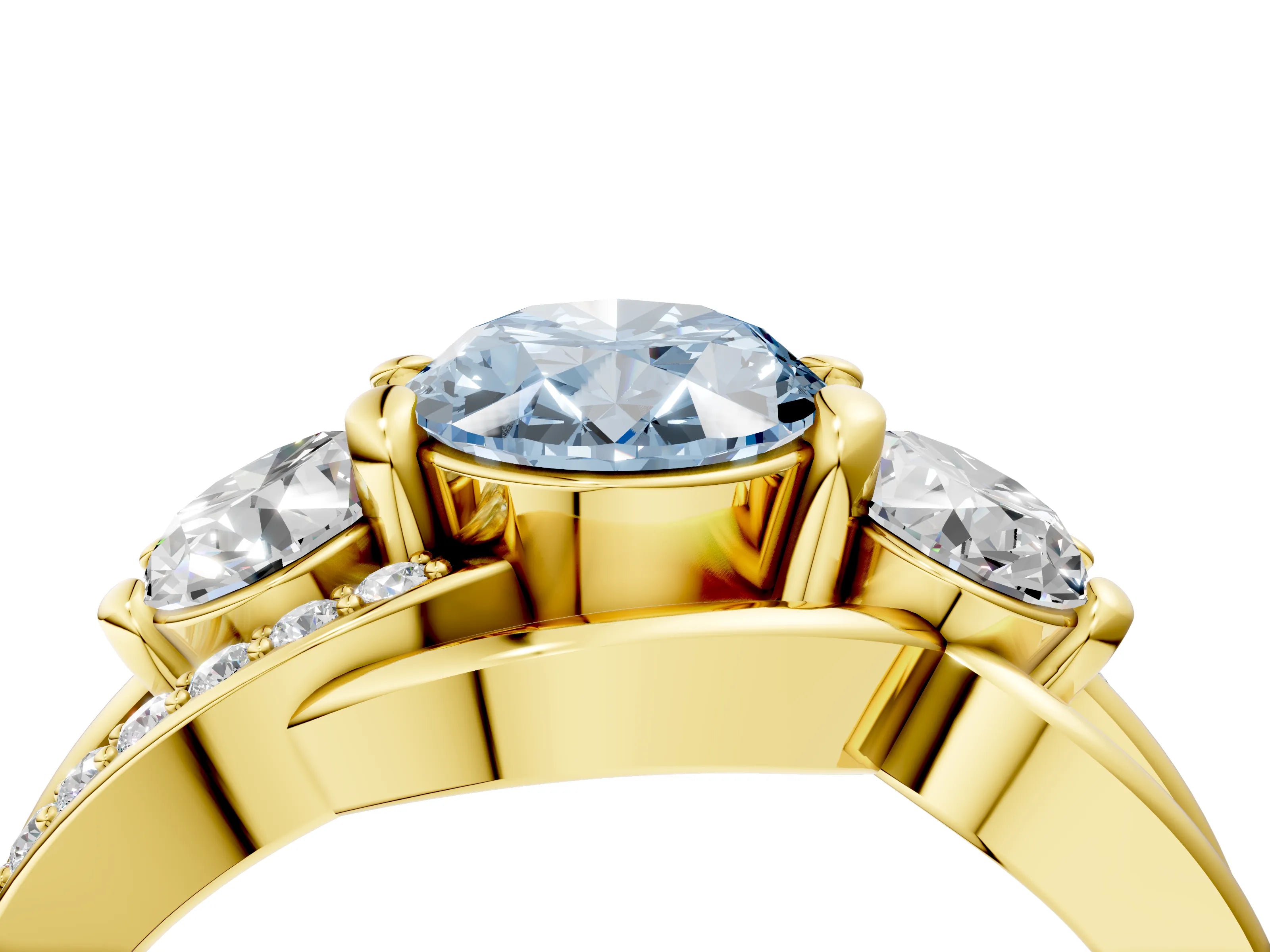 Yellow gold Three-Stone Fancy Blue Oval Cut Cut Diamond Split Shank Prong Set Ring_4