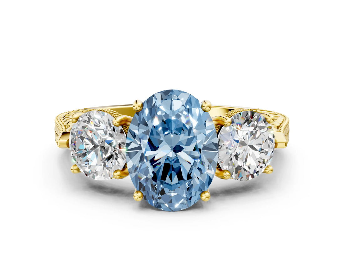 Yellow gold Three-Stone Fancy Blue Oval Cut Cut Milgrain Band Prong Setting Ring