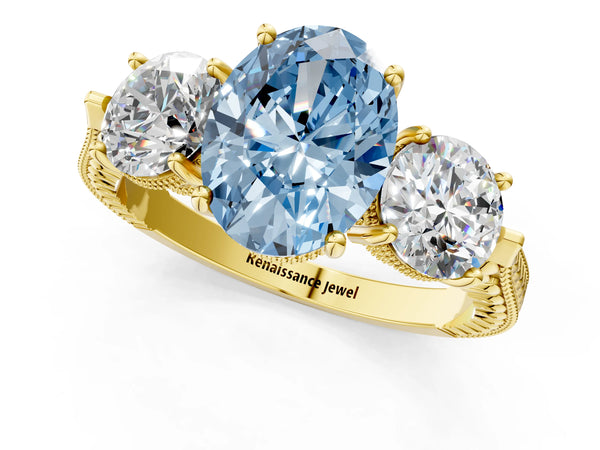 Yellow gold Three-Stone Fancy Blue Oval Cut Cut Milgrain Band Prong Setting Ring