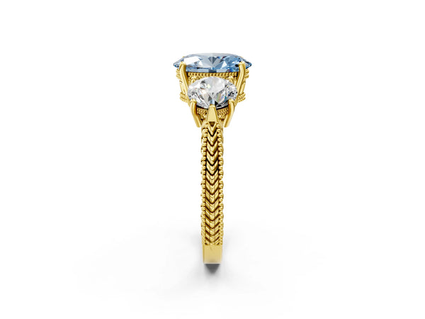 Yellow gold Three-Stone Fancy Blue Oval Cut Cut Milgrain Band Prong Setting Ring