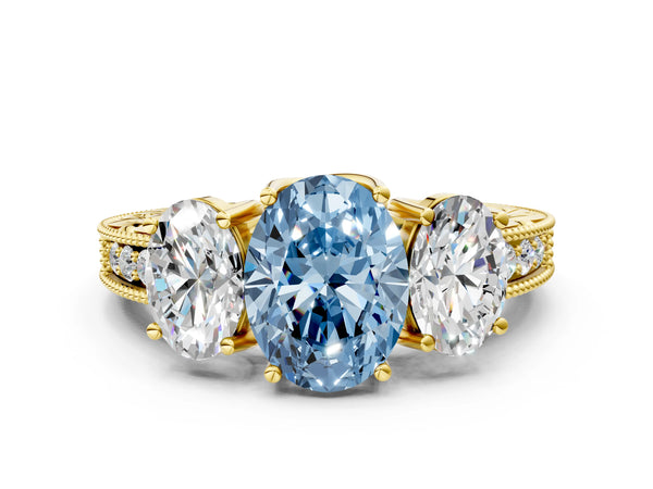 Yellow gold Three-Stone Fancy Blue Oval Cut Cut Milgrain Pavé Engagement Ring