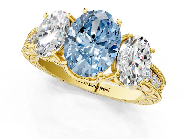 Yellow gold Three-Stone Fancy Blue Oval Cut Cut Milgrain Pavé Engagement Ring
