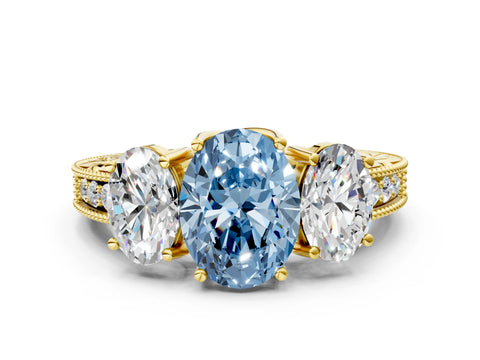 Yellow gold Three-Stone Fancy Blue Oval Cut Cut Milgrain Pavé Engagement Ring_12