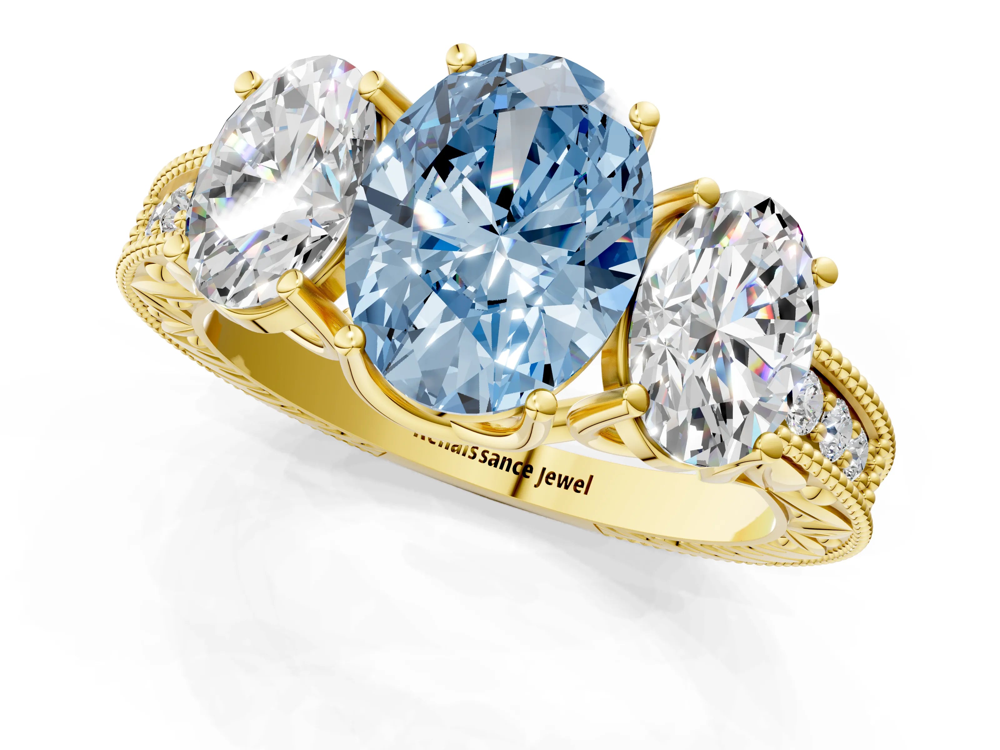 Yellow gold Three-Stone Fancy Blue Oval Cut Cut Milgrain Pavé Engagement Ring_13