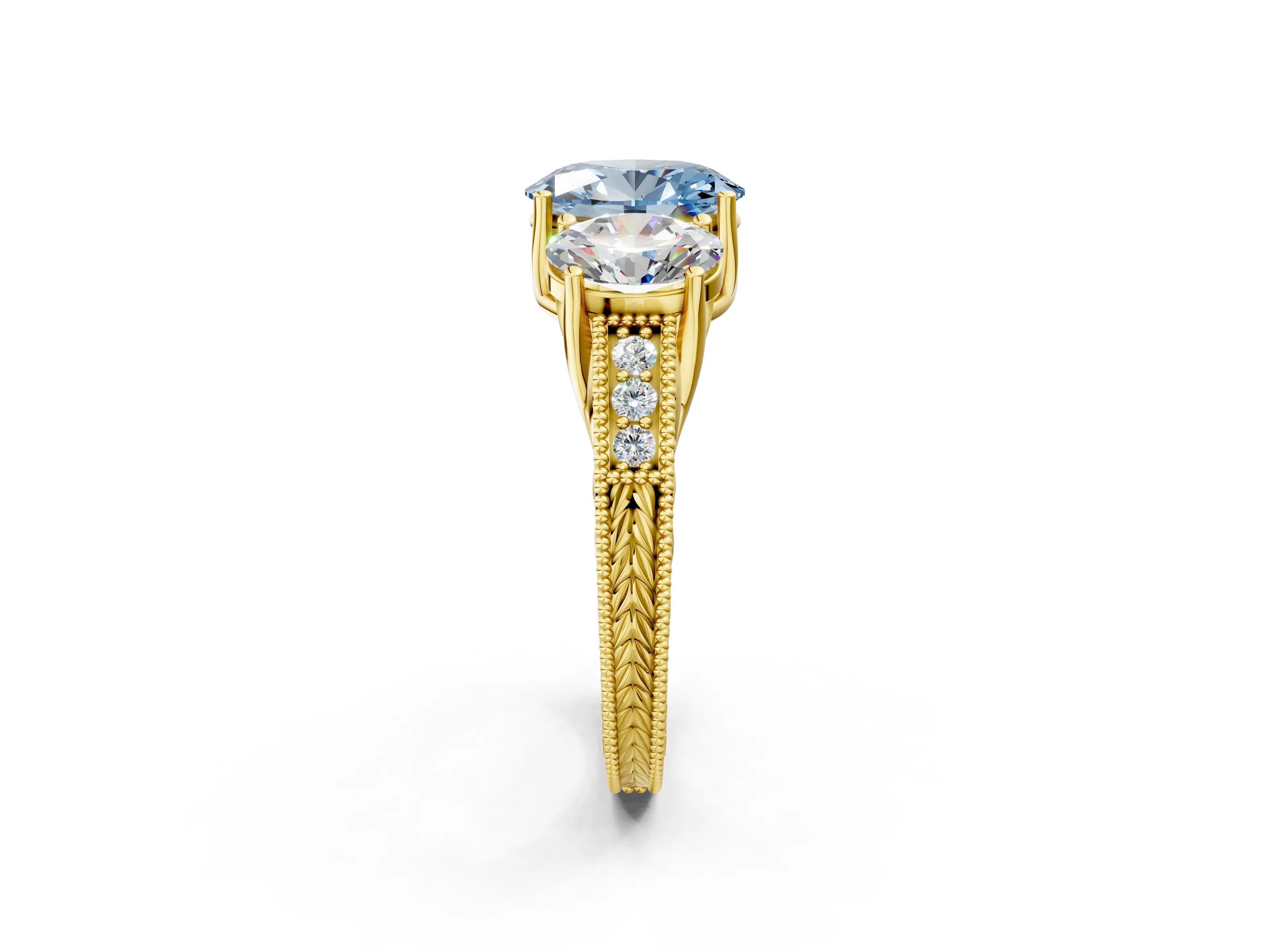 Yellow gold Three-Stone Fancy Blue Oval Cut Cut Milgrain Pavé Engagement Ring_14