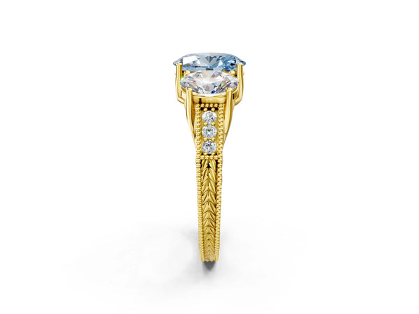Yellow Gold Oval Engraved Three Stone Engagement Ring Setting for Fancy Blue Center