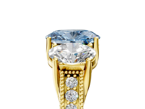 Yellow gold Three-Stone Fancy Blue Oval Cut Cut Milgrain Pavé Engagement Ring_17