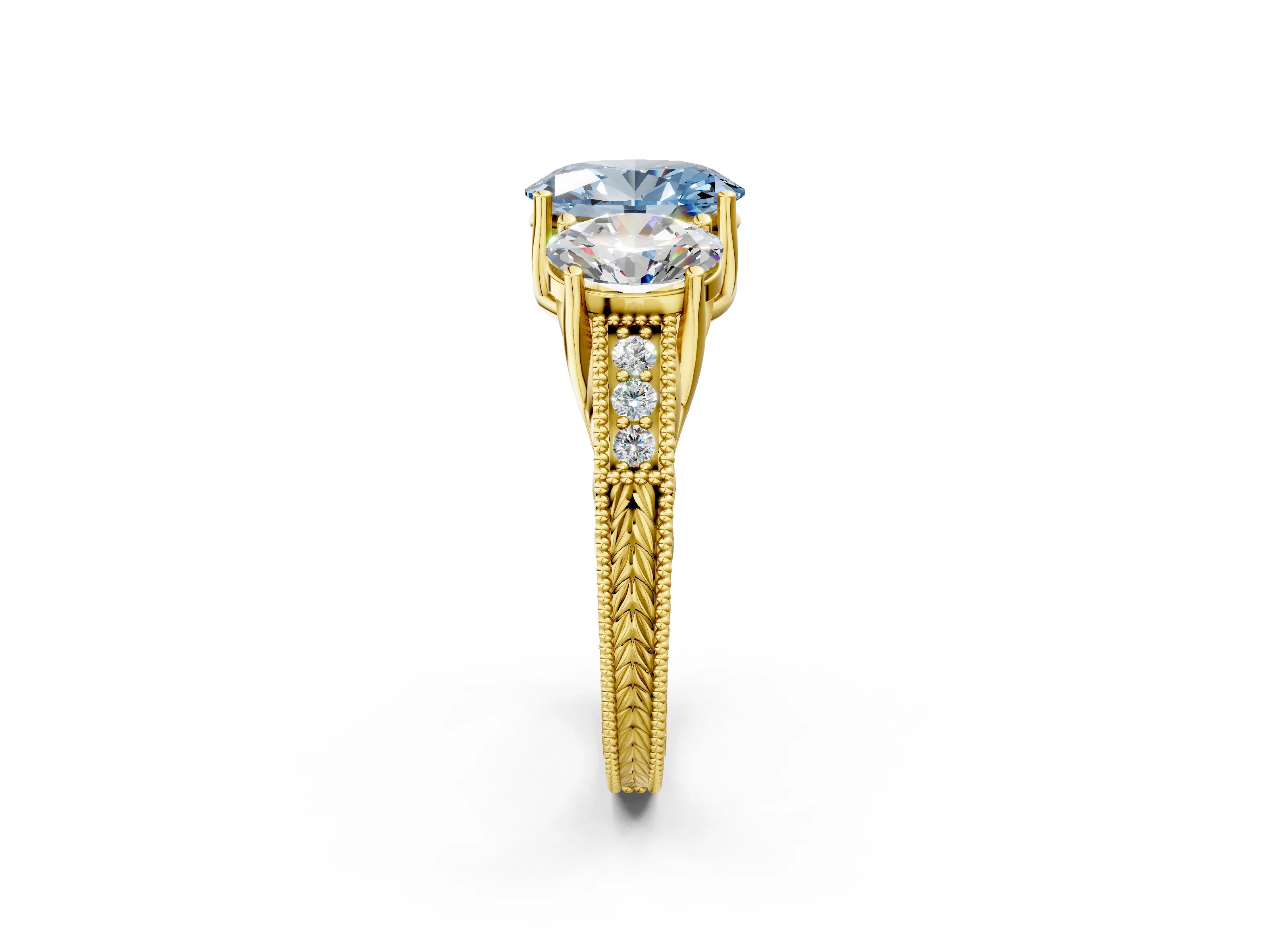 Yellow gold Three-Stone Fancy Blue Oval Cut Cut Milgrain Pavé Engagement Ring_2
