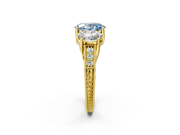 Yellow gold Three-Stone Fancy Blue Oval Cut Cut Milgrain Pavé Engagement Ring