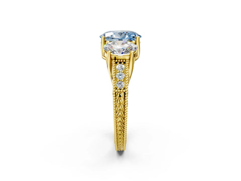 Yellow gold Three-Stone Fancy Blue Oval Cut Cut Milgrain Pavé Engagement Ring_2