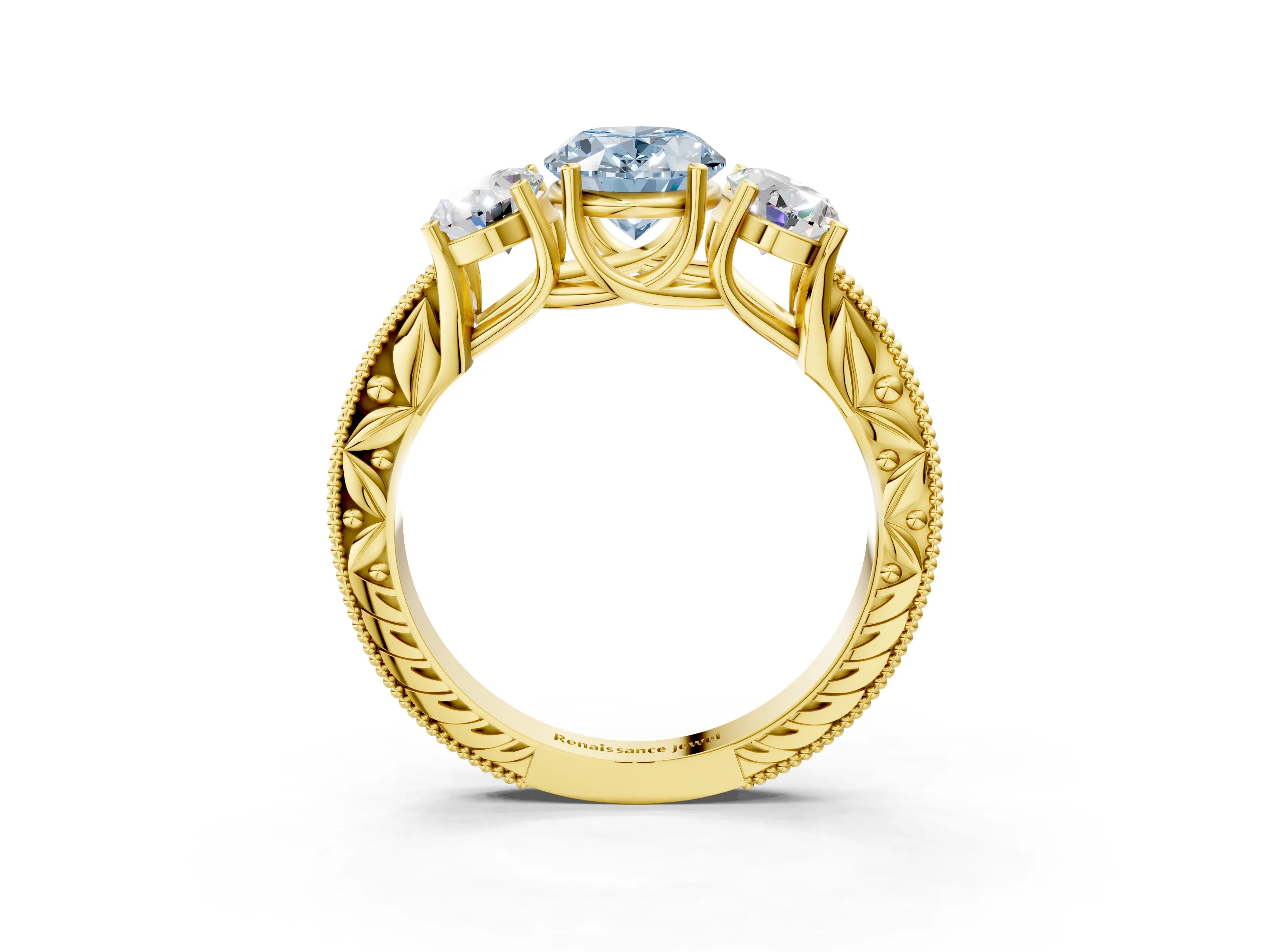 Yellow gold Three-Stone Fancy Blue Oval Cut Cut Milgrain Pavé Engagement Ring_3