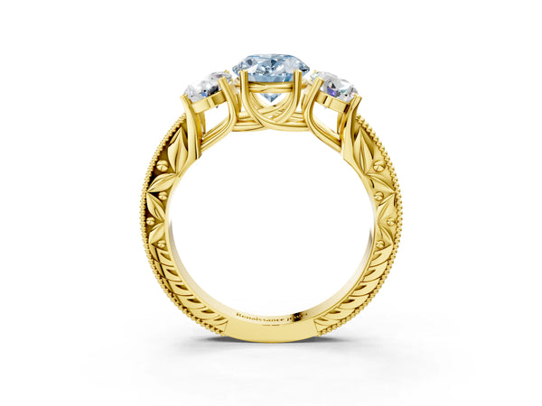 Yellow gold Three-Stone Fancy Blue Oval Cut Cut Milgrain Pavé Engagement Ring