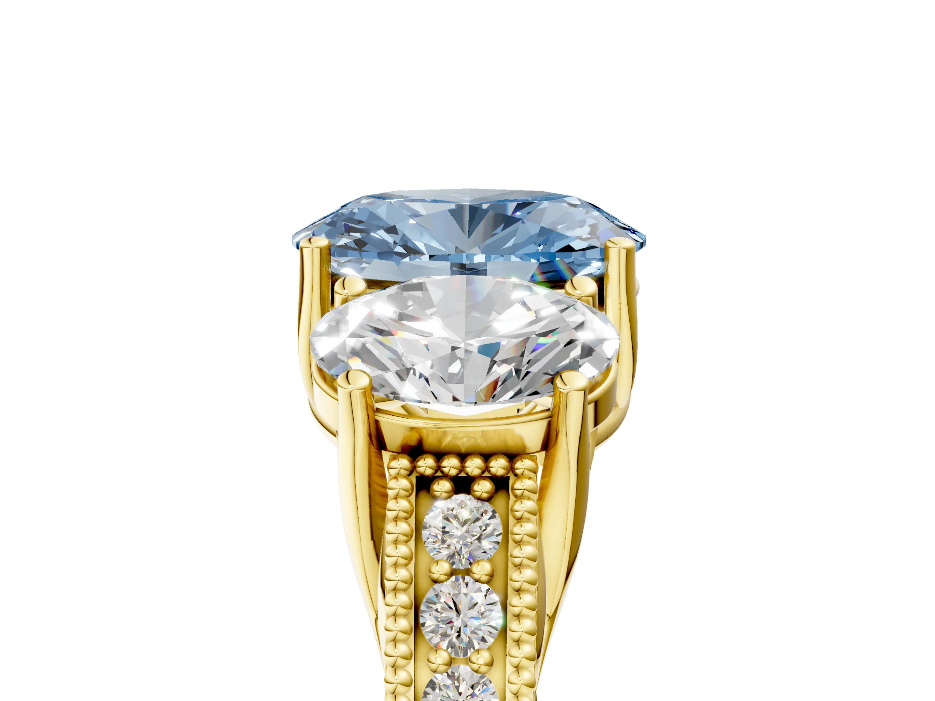 Yellow gold Three-Stone Fancy Blue Oval Cut Cut Milgrain Pavé Engagement Ring_5