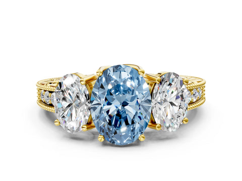 Yellow gold Three-Stone Fancy Blue Oval Cut Cut Milgrain Pavé Engagement Ring