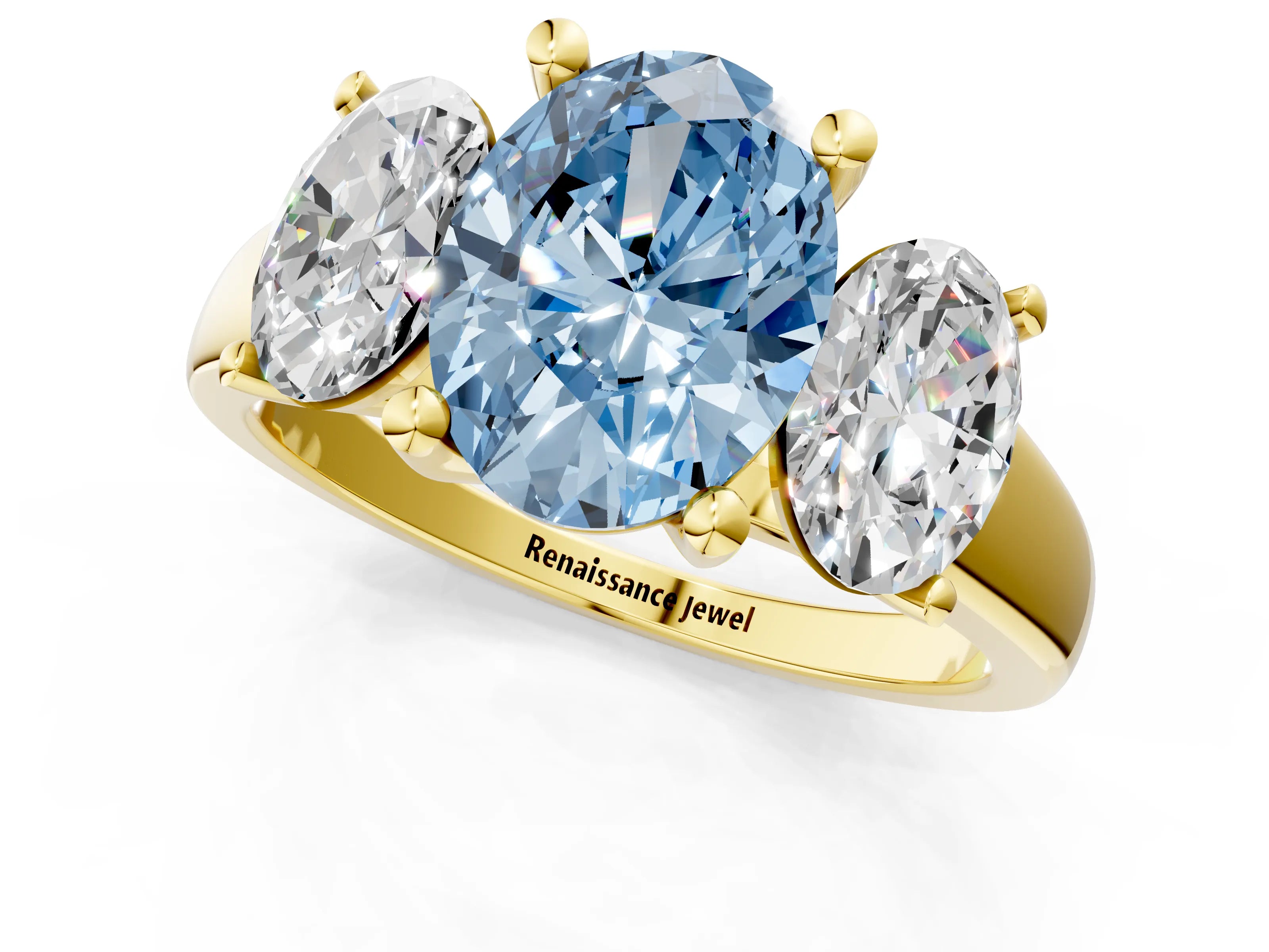 Yellow gold Three-Stone Fancy Blue Oval Cut Cut Solitaire Ring with Classic Prong Setting_1