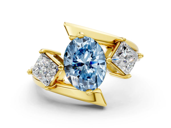 Yellow gold Three-Stone Fancy Blue Oval Cut Cut Tension Band Ring with Four-Prong Setting