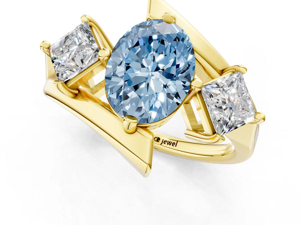 Yellow gold Three-Stone Fancy Blue Oval Cut Cut Tension Band Ring with Four-Prong Setting