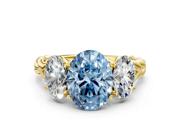 Yellow gold Three-Stone Fancy Blue Oval Cut Diamond Braided Band Ring with Four-Prong Setting