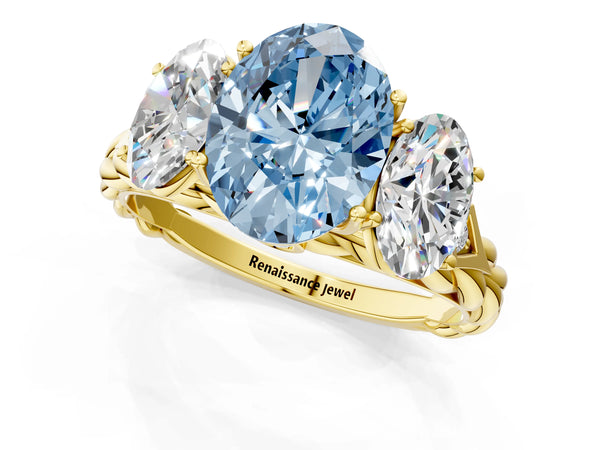 Yellow gold Three-Stone Fancy Blue Oval Cut Diamond Braided Band Ring with Four-Prong Setting