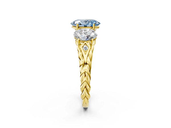 Yellow gold Three-Stone Fancy Blue Oval Cut Diamond Braided Band Ring with Four-Prong Setting