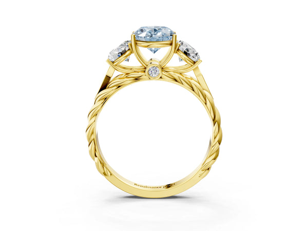 Yellow gold Three-Stone Fancy Blue Oval Cut Diamond Braided Band Ring with Four-Prong Setting