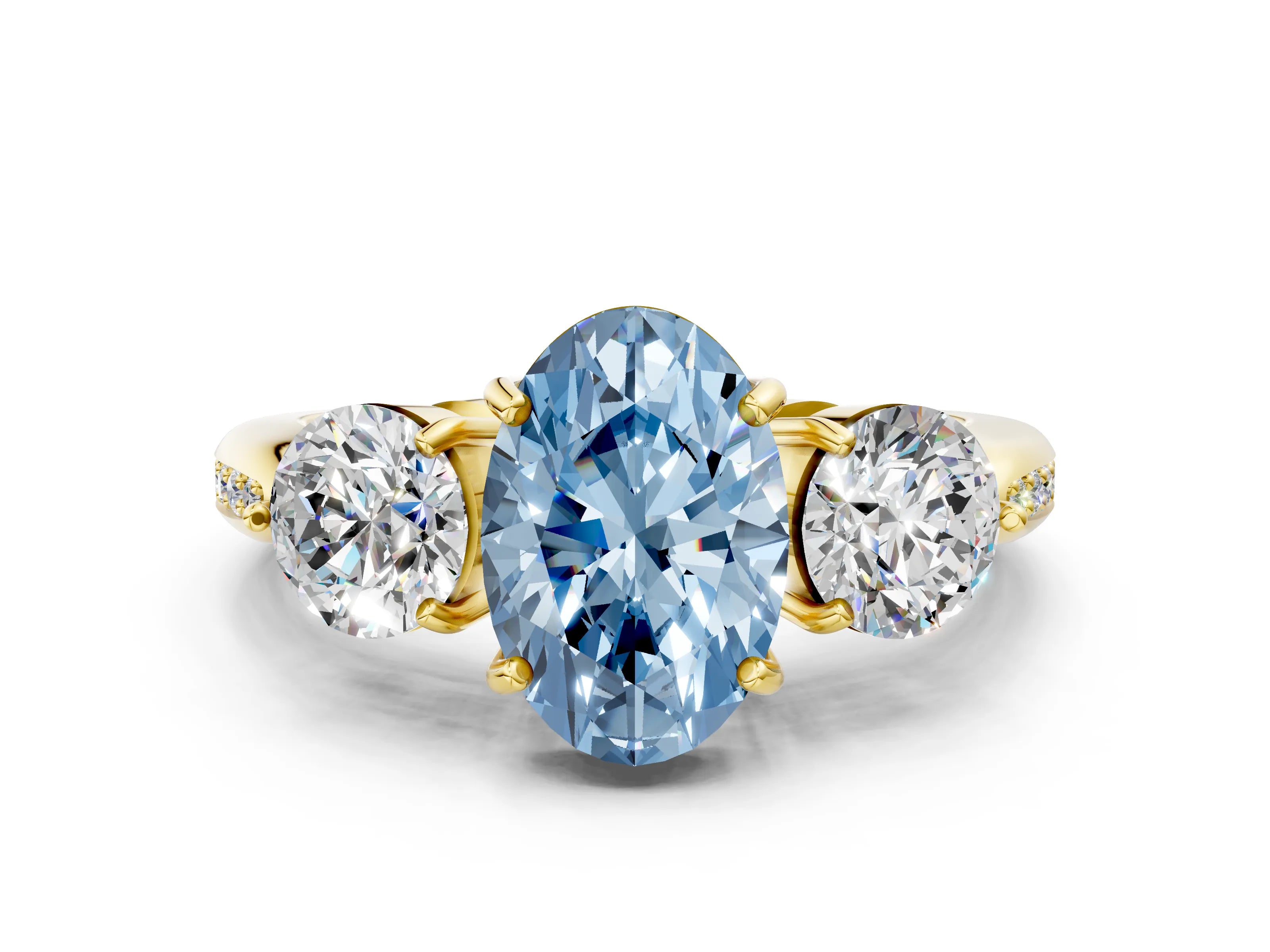 Yellow gold Three-Stone Fancy Blue Oval Cut Diamond Channel Set Engagement Ring with Prong Setting