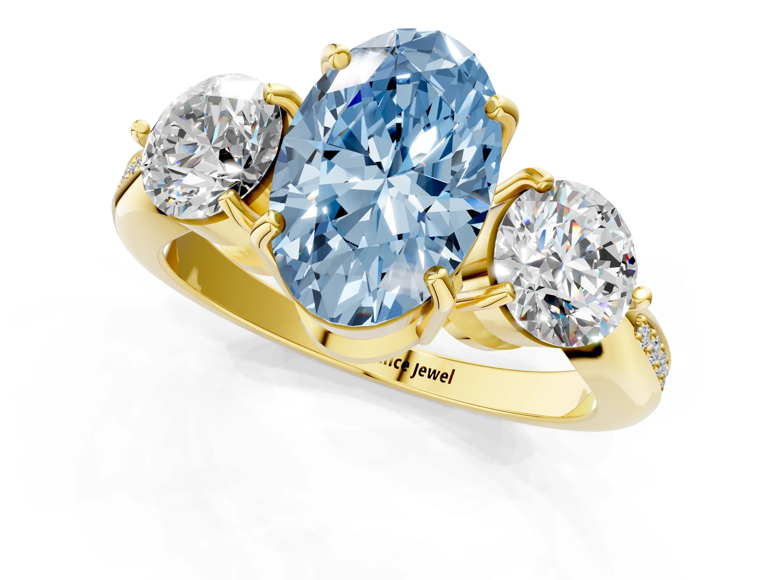 Yellow gold Three-Stone Fancy Blue Oval Cut Diamond Channel Set Engagement Ring with Prong Setting_1