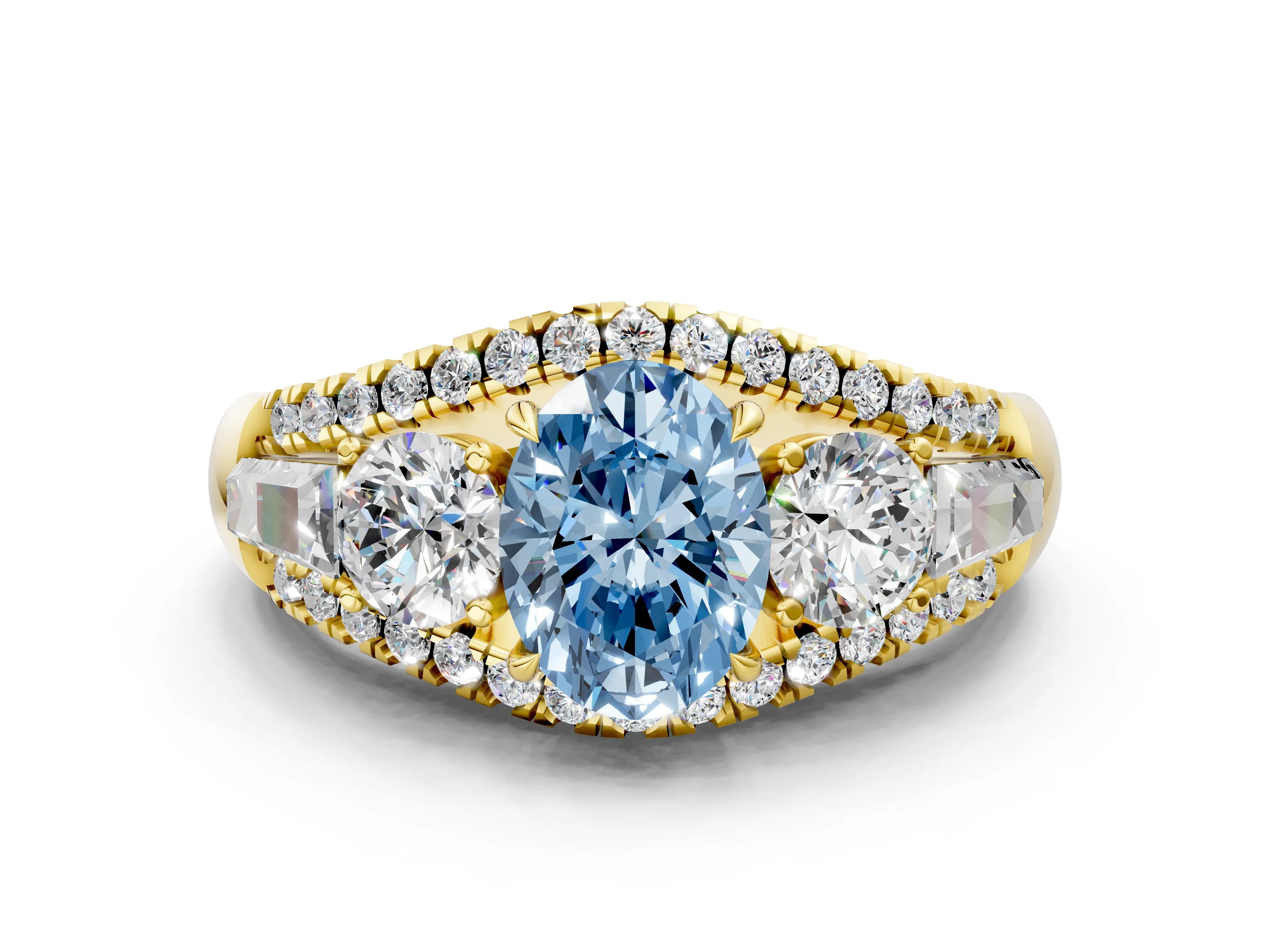 Yellow gold Three-Stone Fancy Blue Oval Cut Diamond Engagement Ring with Pave Band and Prong Setting