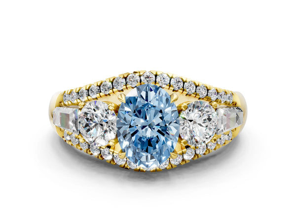 Yellow Gold Oval Five Stone Baguette Engagement Ring Setting for Fancy Blue Center