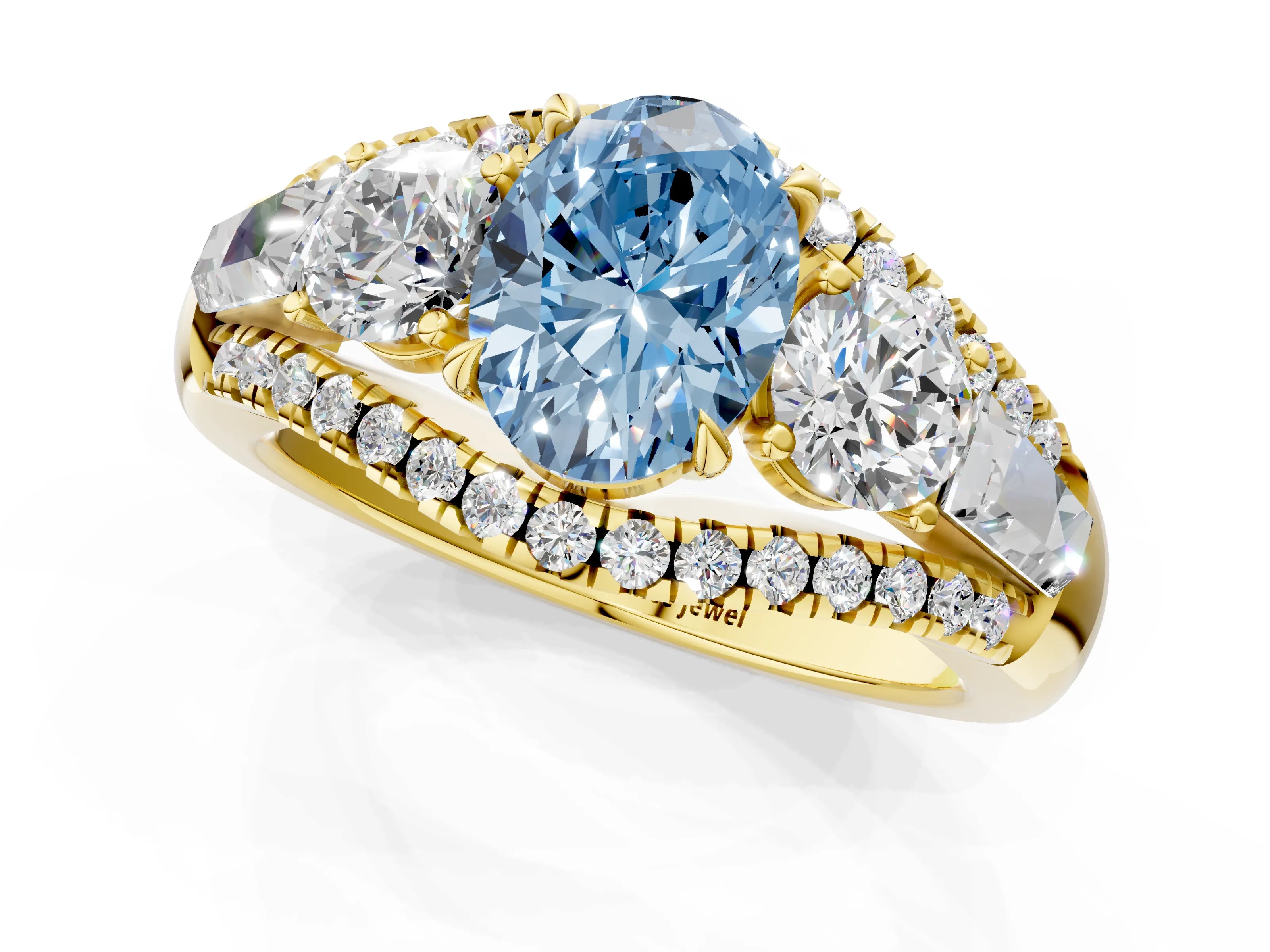 Yellow gold Three-Stone Fancy Blue Oval Cut Diamond Engagement Ring with Pave Band and Prong Setting_1