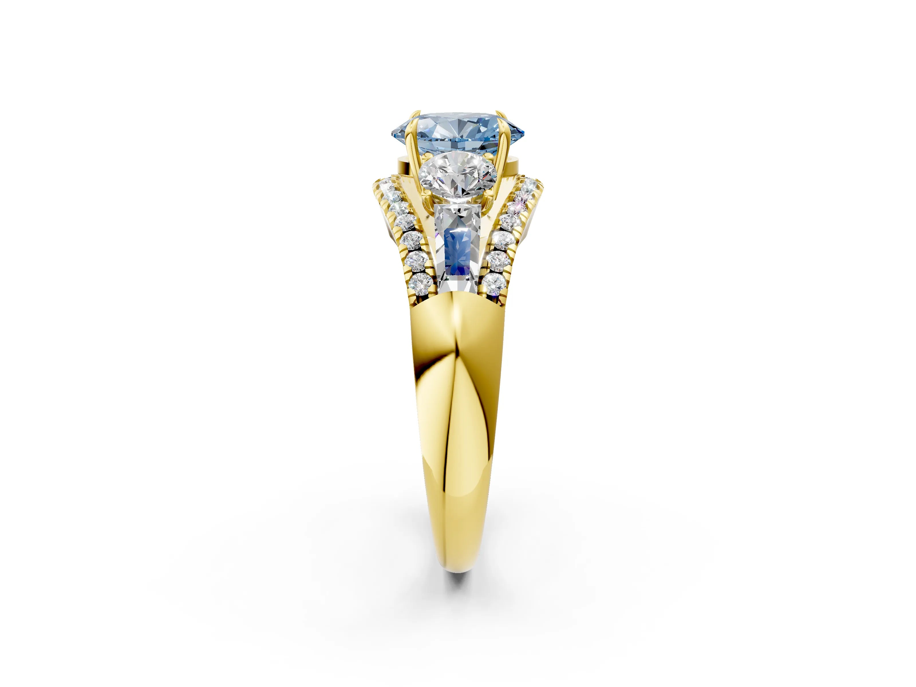 Yellow gold Three-Stone Fancy Blue Oval Cut Diamond Engagement Ring with Pave Band and Prong Setting_2