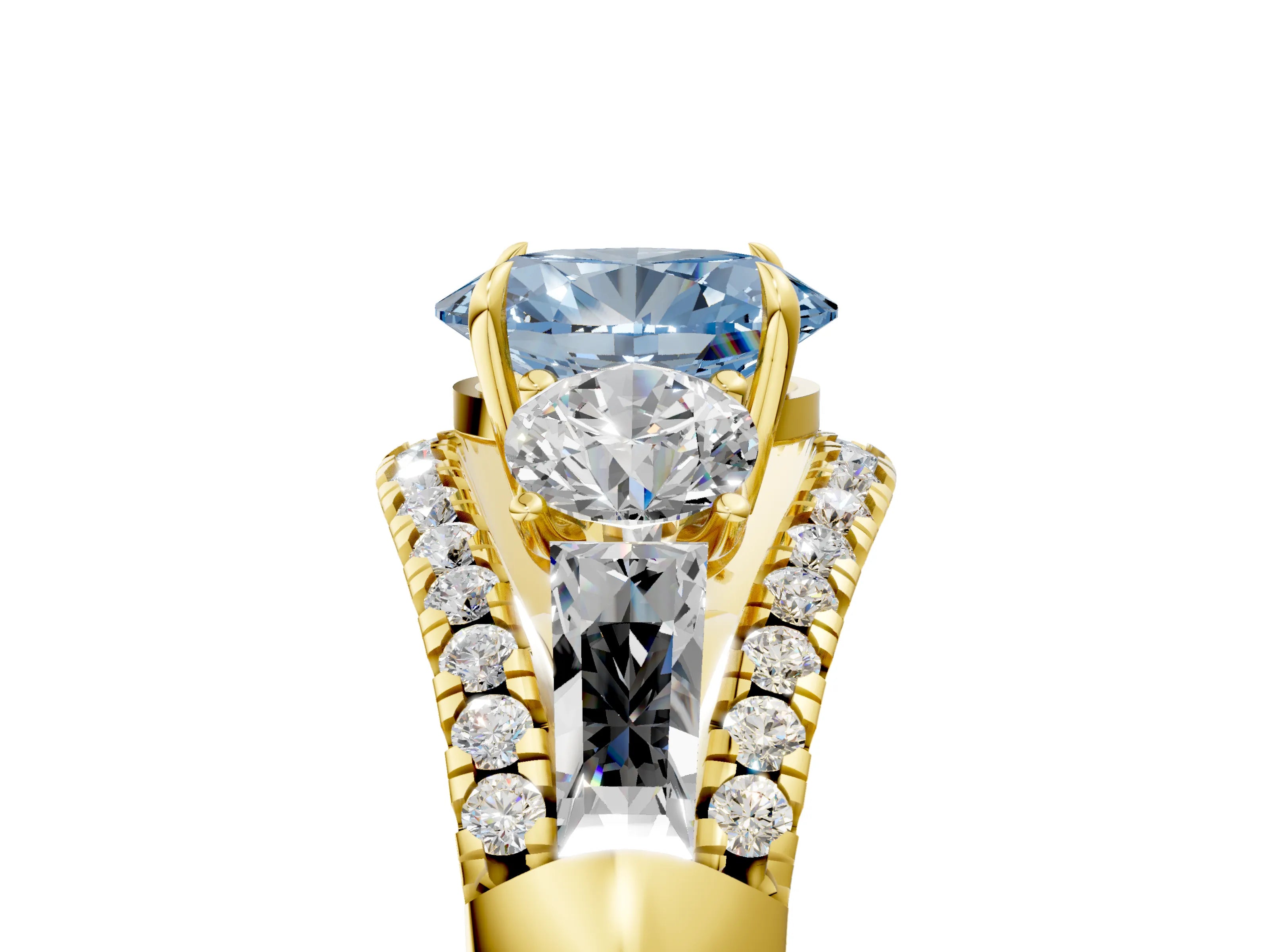Yellow gold Three-Stone Fancy Blue Oval Cut Diamond Engagement Ring with Pave Band and Prong Setting_5