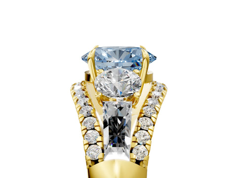 Yellow gold Three-Stone Fancy Blue Oval Cut Diamond Engagement Ring with Pave Band and Prong Setting_5