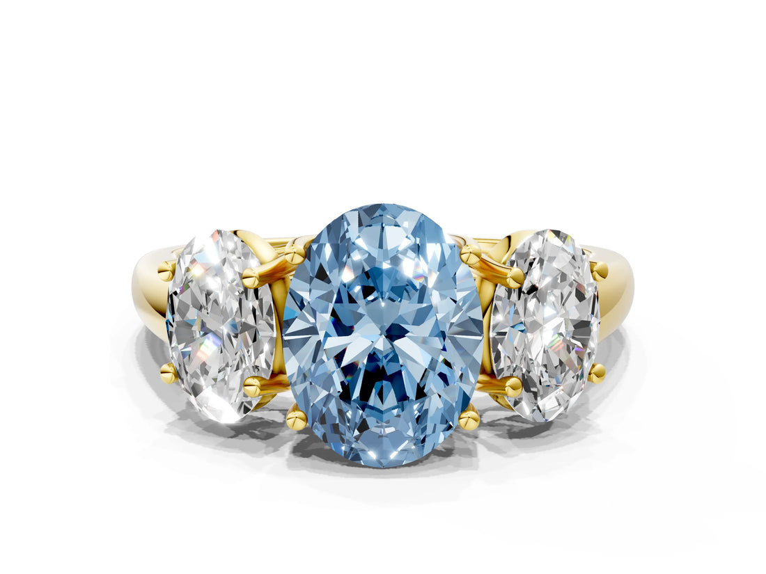 Yellow gold Three-Stone Fancy Blue Oval Cut Diamond Engagement Ring with Prong Setting_3