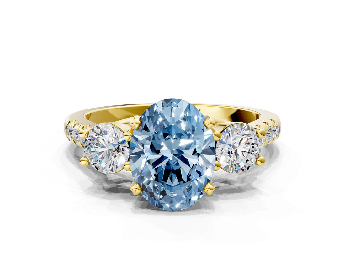 Yellow gold Three-Stone Fancy Blue Oval  Cut Diamond Pavé Band with Four-Prong Setting_28