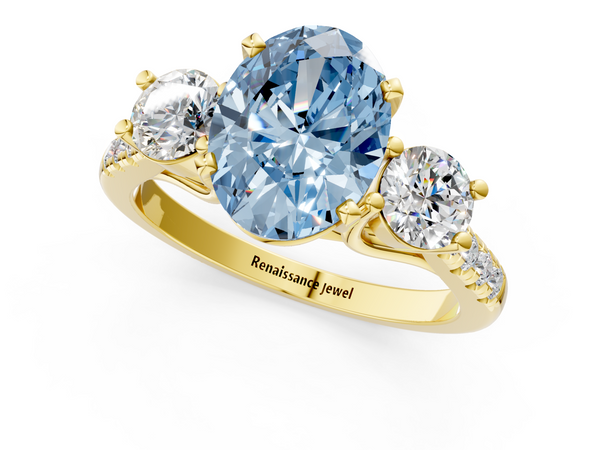 Yellow gold Three-Stone Fancy Blue Oval Cut Diamond Pavé Band with Four-Prong Setting