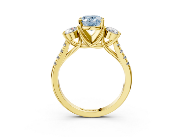 Yellow gold Three-Stone Fancy Blue Oval Cut Diamond Pavé Band with Four-Prong Setting